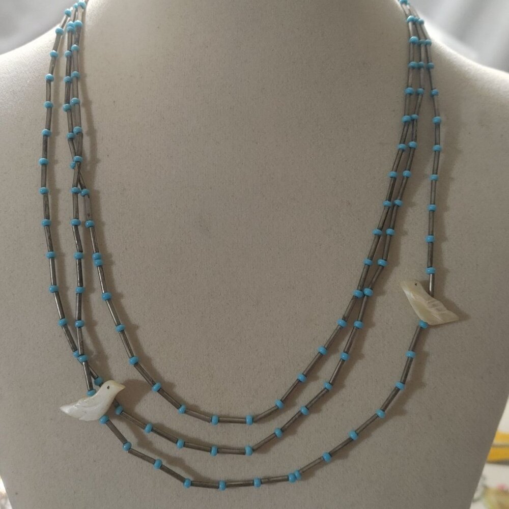 Vintage Fetish Multi Strand Necklace Turquoise Silver 925 Bead Mother Of Pearl